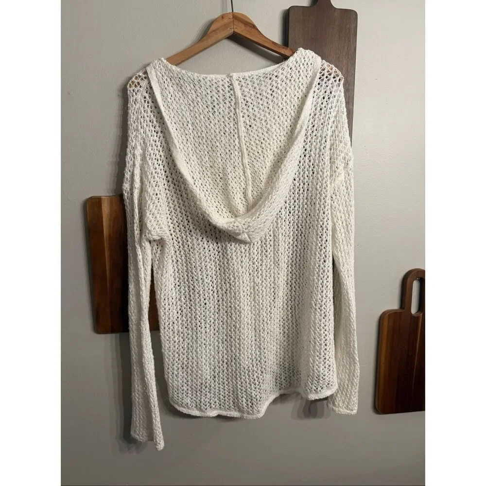 American Eagle Outfitters Off White Lace Up Mesh Pullover Hoodie Size Medium - Picture 2 of 5